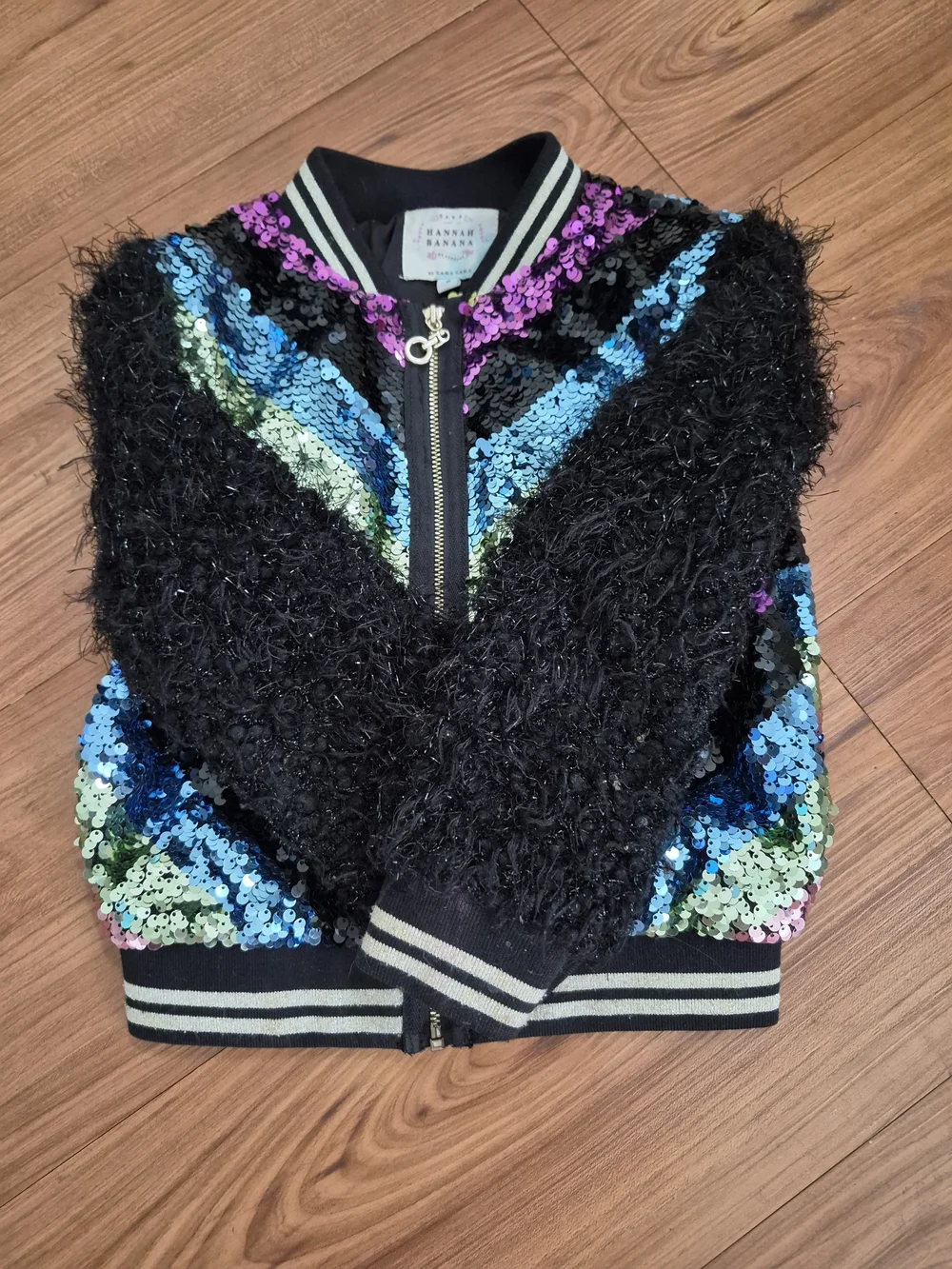 Hannah Banana Black Sequined Bomber Jacket Chevron Sequins Furry Sleeves